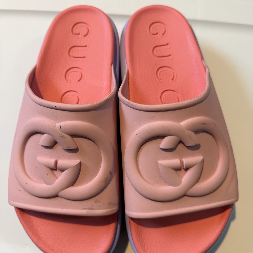 Gucci Pink and Light Purple Rubber Slides - Size 40